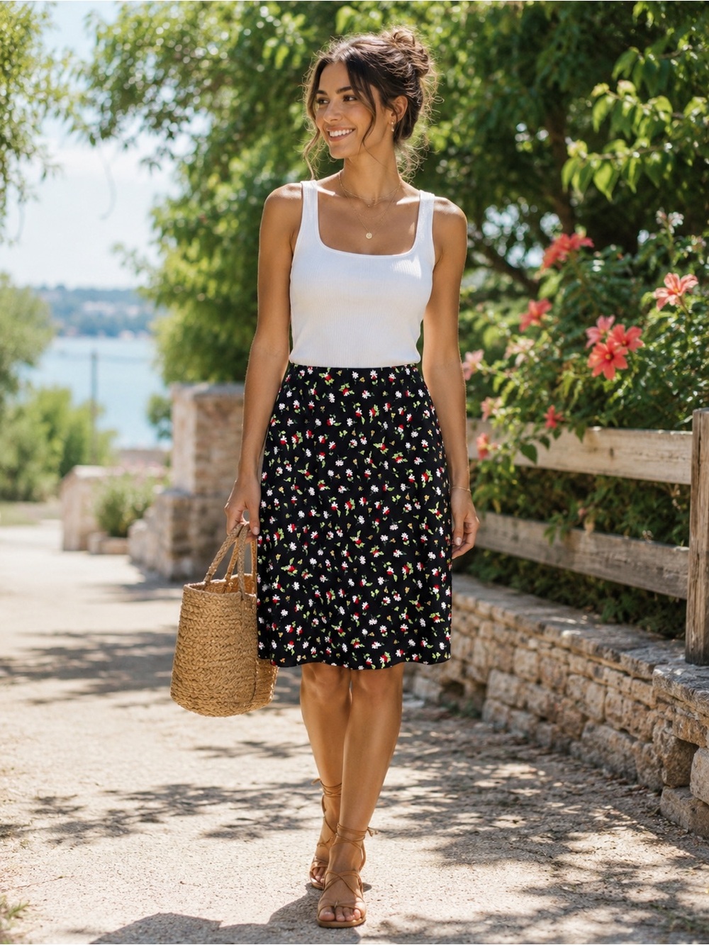 Black Floral Midi Skirt with Subtle Multicolor Blossoms